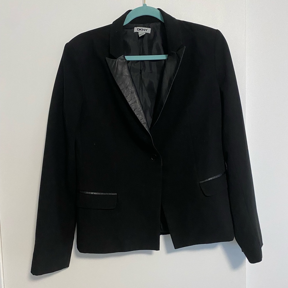 DKNY pleather faux leather collar and pocket accent blazer jacket.